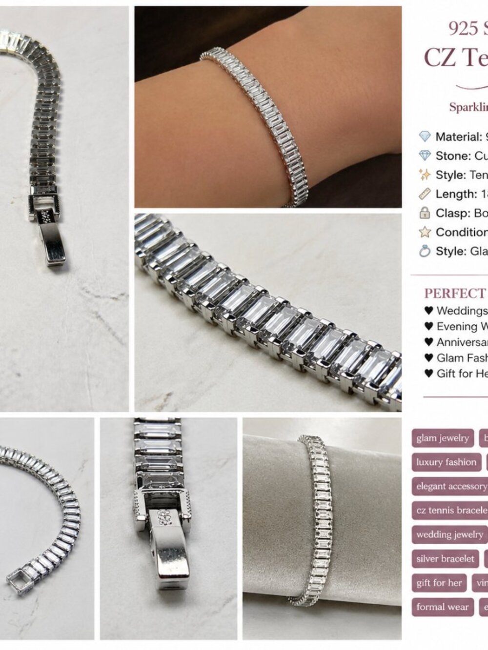 Sparkling Sterling Silver CZ Tennis Bracelet Glam Wedding Jewelry Gift